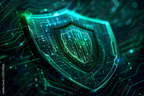 shield emblem adorned with intricate data patterns on a deep blue and green background, evoking the idea of safeguarding digital assets and information in technology security conce