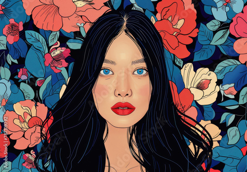beautiful woman with flowers in the background, vector art