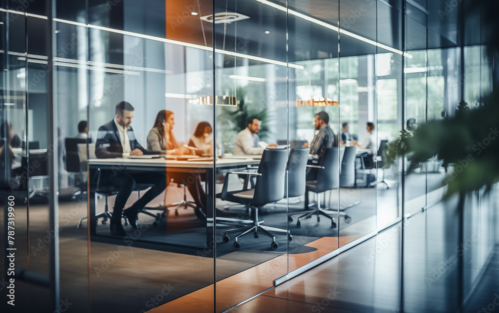 Office Workspace with Glass Partition and Blurred Workers - Professional Environment, Corporate Setting, Privacy Concept. Office Workspace with Glass Partition and Blurred Workers - Professional Environment, Corporate Setting, Privacy Concept.