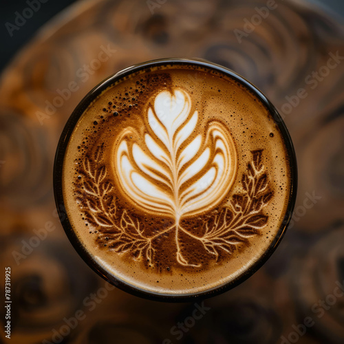 Explore the intricate beauty of latte art with a top-view photo of tree design on surface. AI generative elevates coffee craftsmanship.