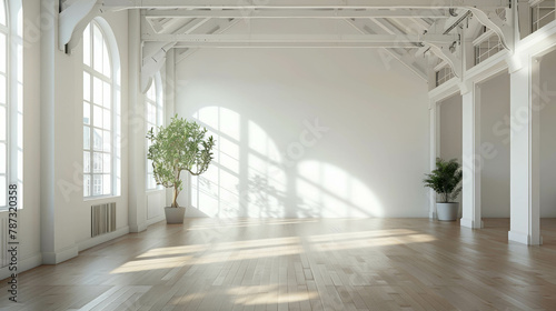 Step into the simplicity of a wide Scandinavian apartment, featuring a white wall and minimalistic design. Tall roof adds depth. AI generative technology enriches details. photo