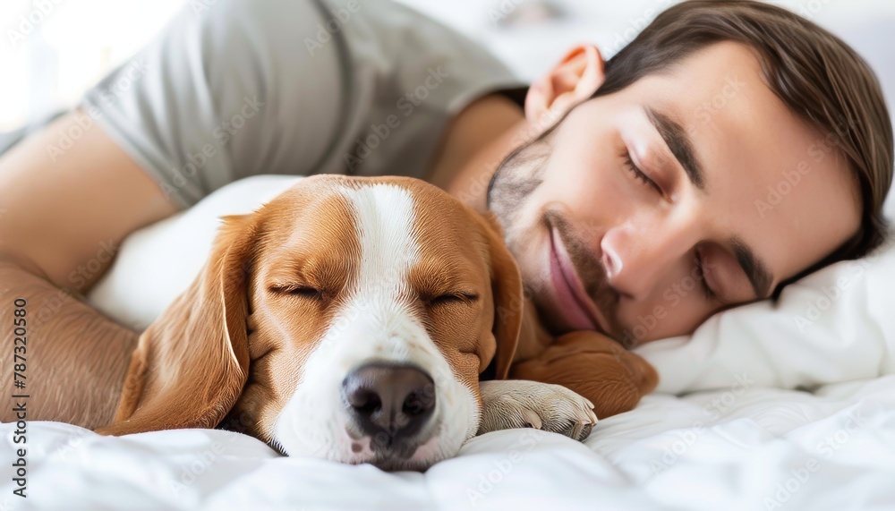 Peaceful scene of a young man and a dog sleeping together on a comfortable white bed in a cozy home Peaceful scene of a young man and a dog sleeping together on a comfortable white bed in a cozy home