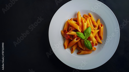 Top view plate Penne Allarrabbiata pasta cooked according to a traditional Italian recipe with copy space : Generative AI photo