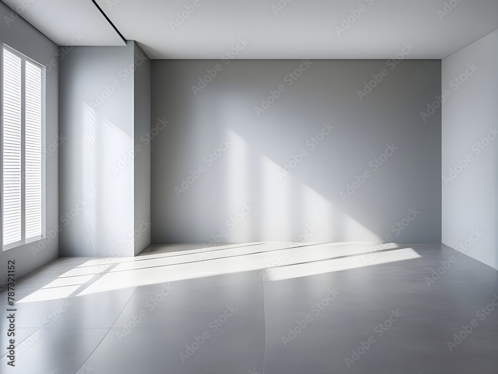 Fototapeta premium Empty room with shadows interior room and wall, sunlight on a gray wall studio background for product presentation
