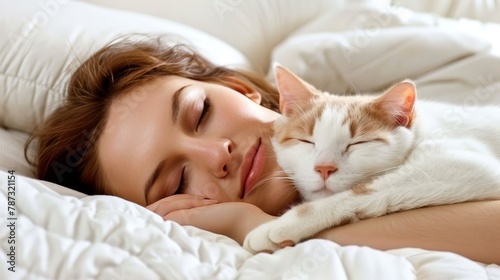 Serene scene young woman and cat peacefully napping together on a white bed at home