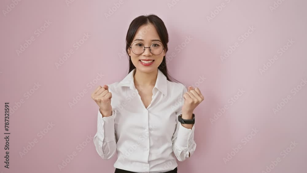 Yes! joyful young chinese woman with glasses, standing over isolated pink background, excitedly celebrating her success, arms raised in triumphant victory! Yes! joyful young chinese woman with glasses, standing over isolated pink background, excitedly celebrating her success, arms raised in triumphant victory!