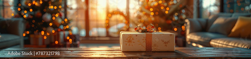 Close-up of a wrapped gift on the edge of a wooden table against the blurry background of a bright living room with Christmas decor on a sunny day. Christmas. photo