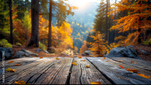 Wooden boardwalk in the autumn forest. Beautiful autumn landscape.