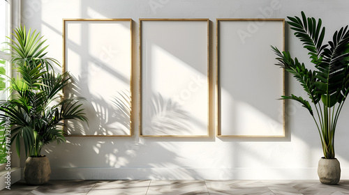 Poster mockup with a green plant and wooden frames on white interior  generative Ai