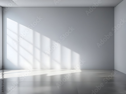 Empty room with shadows interior room and wall, sunlight on a gray wall studio background for product presentation