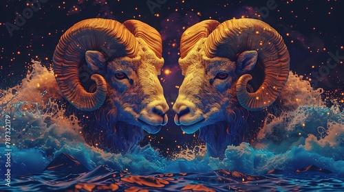 Two big horned sheep in the night sky