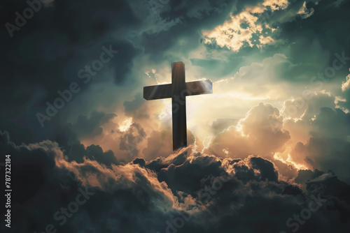 large silhouette of cross in sun ray in sky. Sign of faith. God