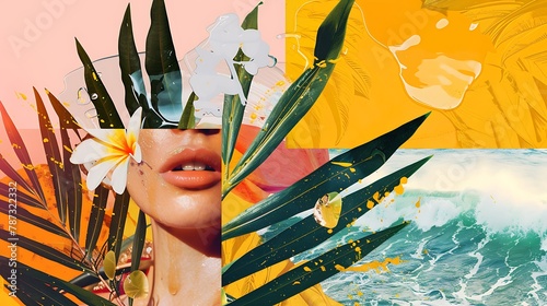 Creative collage of female face with tropical leaves and flowers.