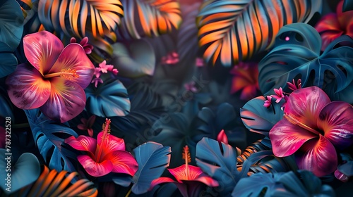 Beautiful tropical background with monstera and hibiscus flowers