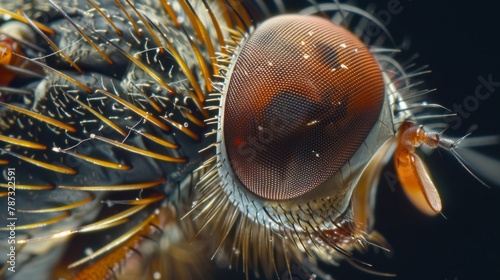 An upclose look at a flys proboscis highlighting the small sensory bristles and taste receptors that aid in locating food.