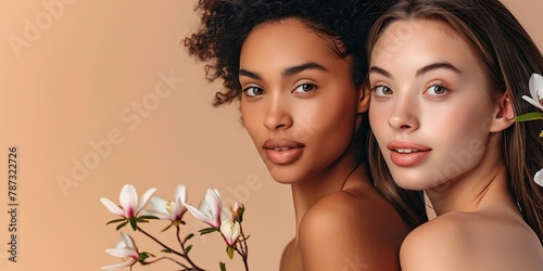 beautiful multicultural women with magnolia flowers, isolated on beige