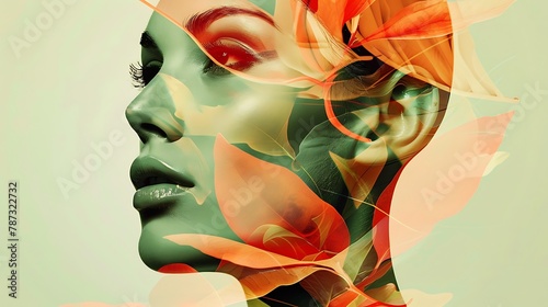 Double exposure portrait of a beautiful woman with autumn leaves in her hair