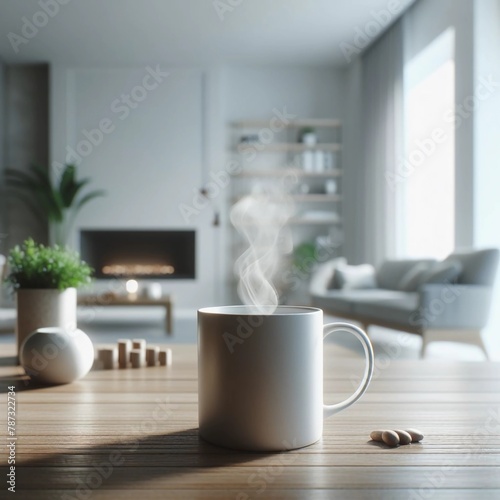 モダンな部屋のテーブルの上にある暖かい飲み物のマグカップ
