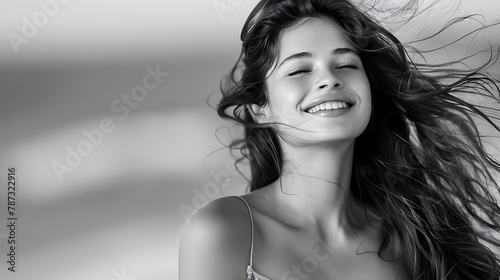 Portrait of a beautiful young woman with flying hair. Black and white photo.