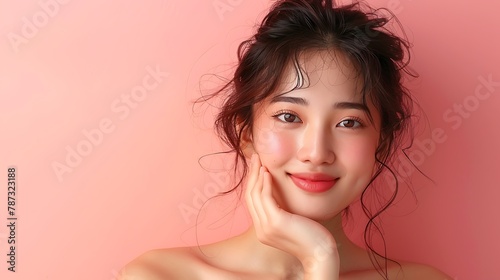 Beautiful young asian woman with clean fresh skin on pink background