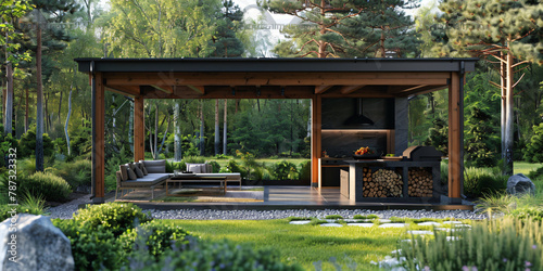 Modern garden shed, barbecue area, relaxation area in the garden