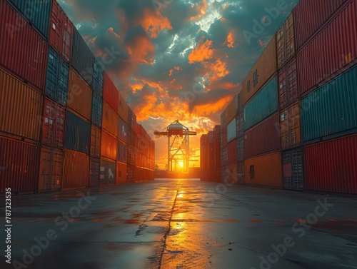 containers overlapping on the dock with sunset