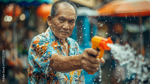 Thai tradition comes alive at Songkran festival with an Asian man gleefully splashing water in his summer shirt. Generative AI technology captures the lively moment.