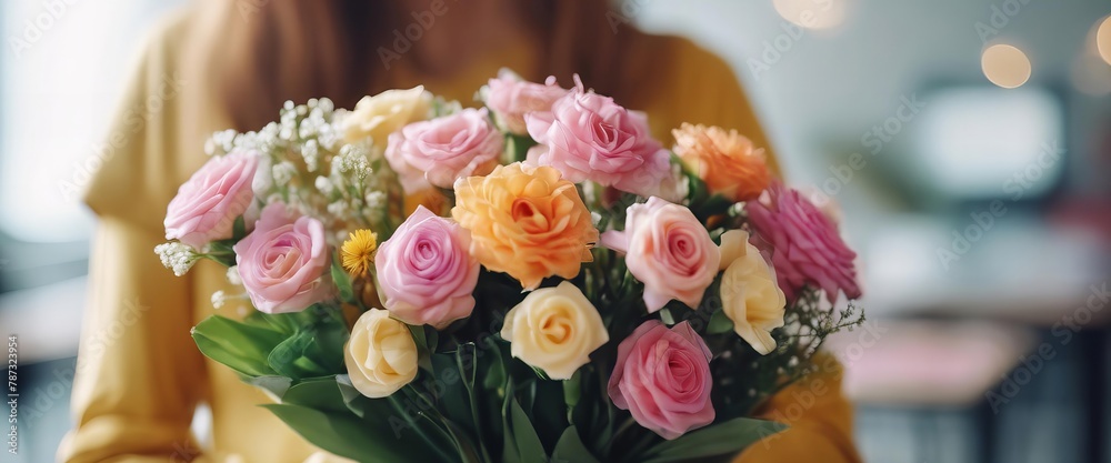 woman is holding a bouquet of flowers, which includes pink, yellow