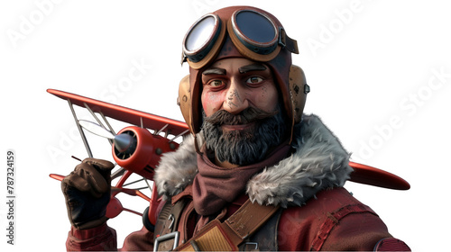 a man with a beard and aviators holding a toy airplane. transparent background png