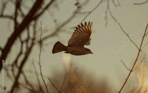 Capture the dynamic motion of a bird with wings spread out, swiftly navigating the sky. AI generative technology adds an artistic touch. photo