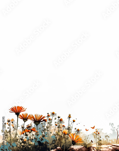 A field of yellow flowers with a white background.