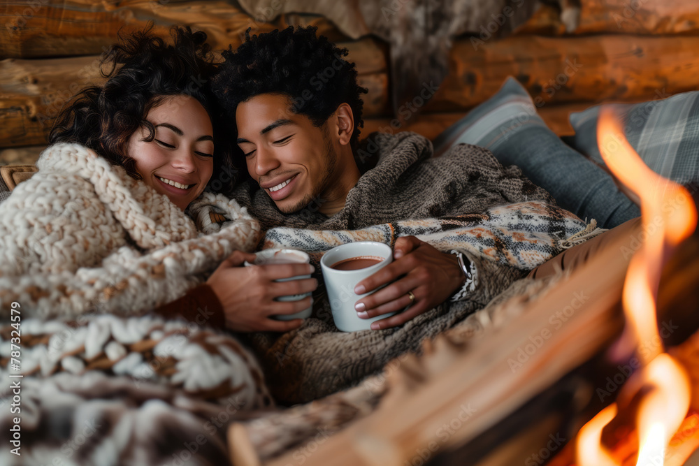 A romantic couple in a cozy cabin retreat, with a fireplace and mugs of hot coffee in hand, under fluffy blankets. Shallow depth of field