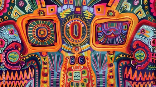 colorful molas pattern, several layers of different-coloured cloth are sewn together, background, 16:9 photo