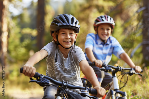 Smiling, cheerful children rides bike in park. Shallow depth of field, selective focus