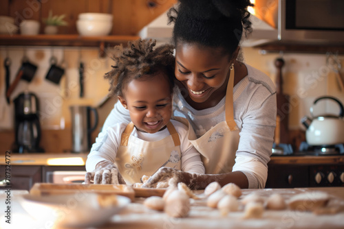 A joyful afro american mother and her young daughter happily engage in baking together in a bright kitchen. Shallow depth of field