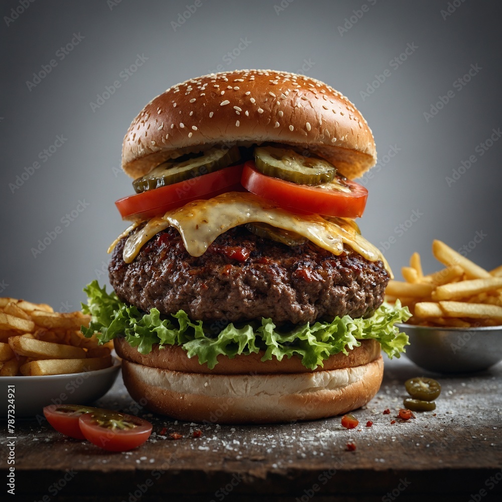 Deluxe burger with white background - obrazy, fototapety, plakaty 