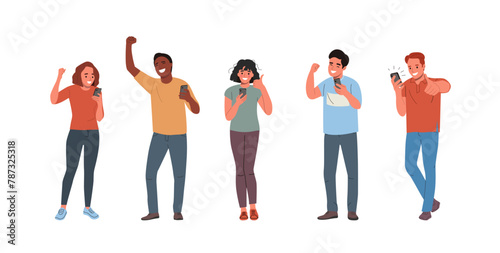 Young man and woman looking in the smartphone  shows a positive gesture. Flat style cartoon vector illustration. © lyudinka