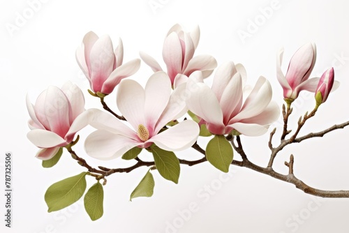 Blooming white and pink close-up flowers of magnolia on a branch with young leaves, growing in spring park or botanical garden, with blurred white background © May