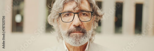 Panorama of mature businessman with beard in eyeglasses wearing gray jacket walks down the street past modern buildings