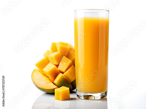 fresh mango juice and slices of mango cutout isolated on white background