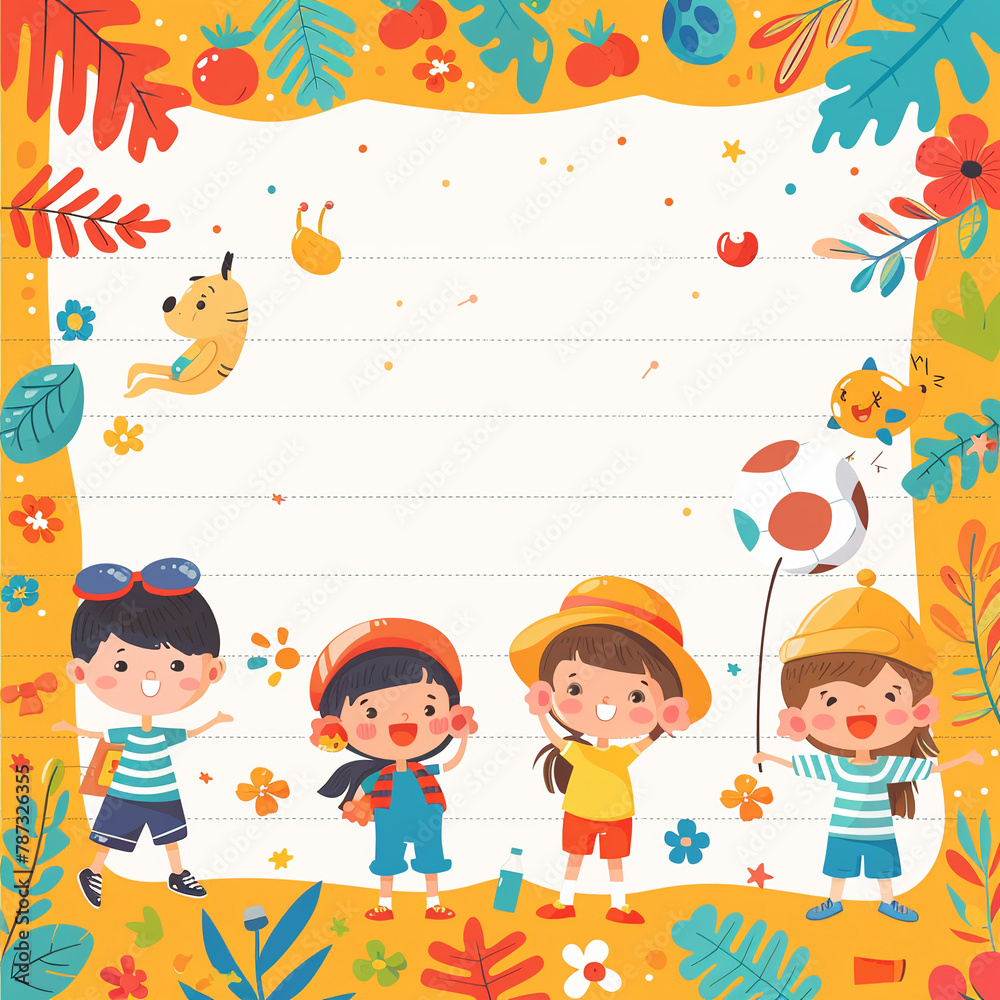 Engaging kindergarten-themed memo paper template with kawaii children enjoying a sports day accented with bright oranges and blues. Designed in Illustrator Engaging kindergarten-themed memo paper template with kawaii children enjoying a sports day accented with bright oranges and blues. Designed in Illustrator