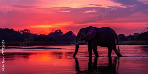A majestic elephant walks at sunset in Africa, reflecting in the water and silhouetted against the red sky