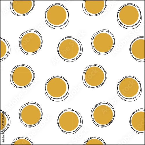 Vector illustration of seamless yellow dot pattern surrounded with swirling lines isolated on white background.