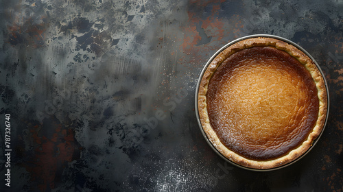 Traditional South African milk tart freshly baked and in tin Mottled grey and rustic surface with copy space : Generative AI photo