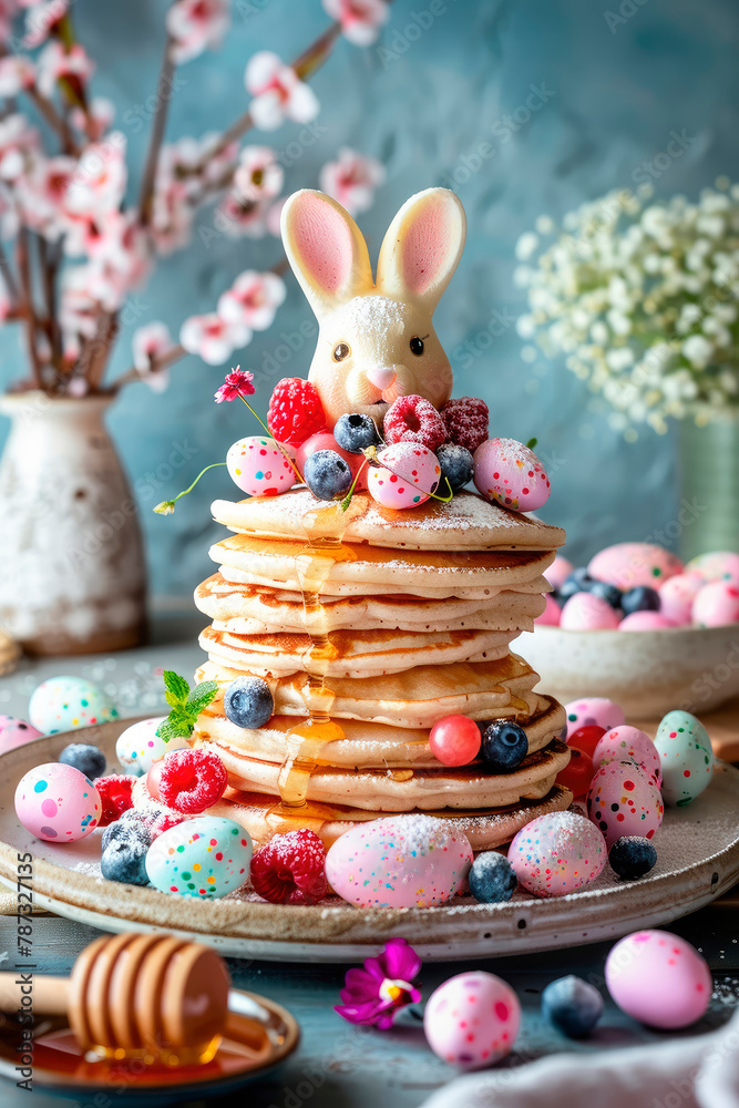 pancakes with Easter eggs. selective focus.