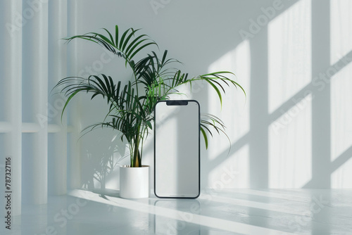 Modern smartphone mockup in minimalist white room with green potted plant and natural lighting, 3d ing concept photo