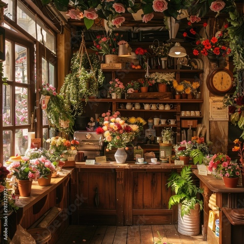 Warm and cozy florist shop with fresh flowers and a small coffee area