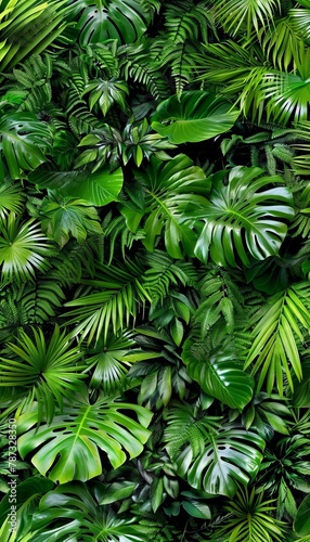 Exotic tropical forest  lush palm leaves and trees in wild jungle paradise for panoramic wallpaper