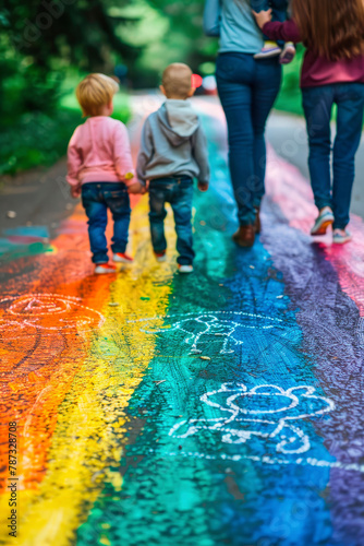 children draw a rainbow on the asphalt with chalk. selective focus.