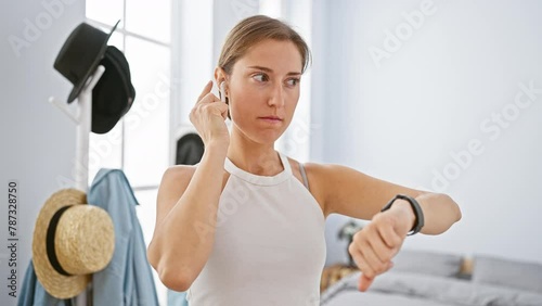 A young woman adjusts earbuds before exercising in her bright bedroom, checking time on a smartwatch, showcasing a healthy lifestyle. photo